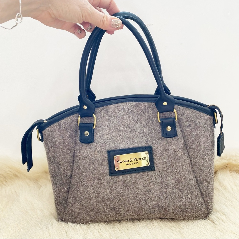 Sword and Plough Made in USA grey wool bag with leather top handle.